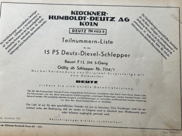Klöckner Humboldt-Deutz AG Original Ersatzteil-Preisliste Deutz-Diesel-Schlepper F1L514/51 5 Gang