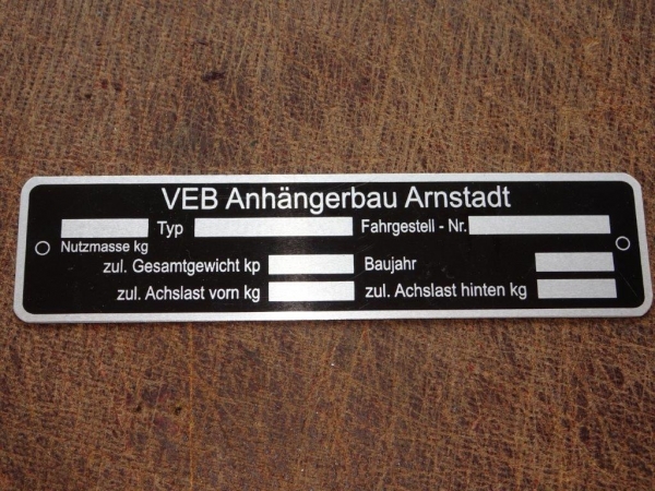 Typenschild Aluminium Anhängerbau Arnstadt