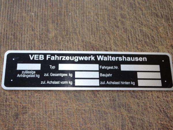 Typenschild Aluminium Fahrzeugwerk Waltershausen Multicar M22 M24 M25