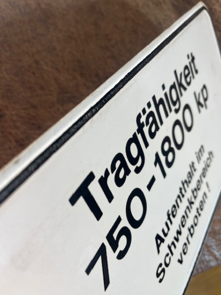 Blechschild für TIH 445 oder T159 Tragfähigkeit 750 - 1800 kp