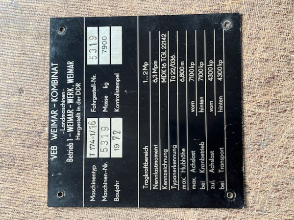 Typenschild T174 / 1 von 1972