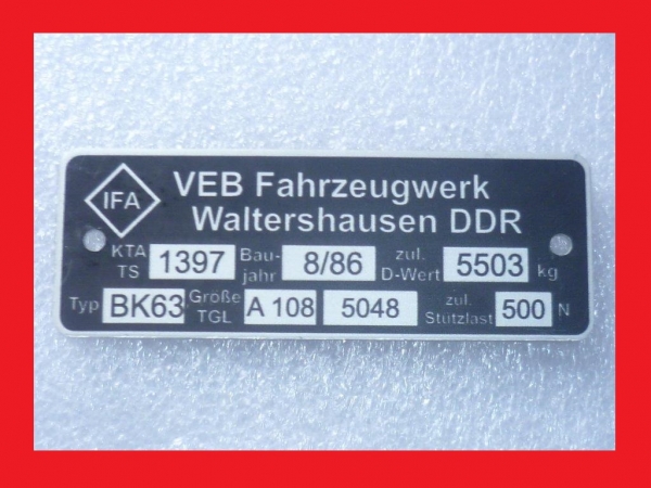 Typenschild Anhängekupplung BK63 A108 DDR IFA