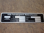 Typenschild Aluminium Fahrzeugwerk Waltershausen Multicar M22 M24 M25