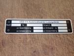 Typenschild IFA Automobilwerke Ludwigsfelde z.B. W50 L60